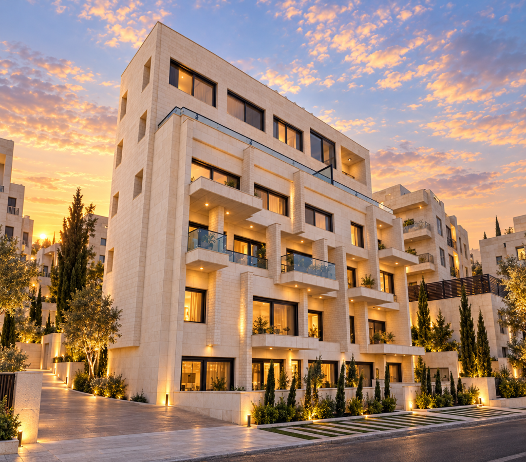 عمارة سكنية حجرية عند الغروب